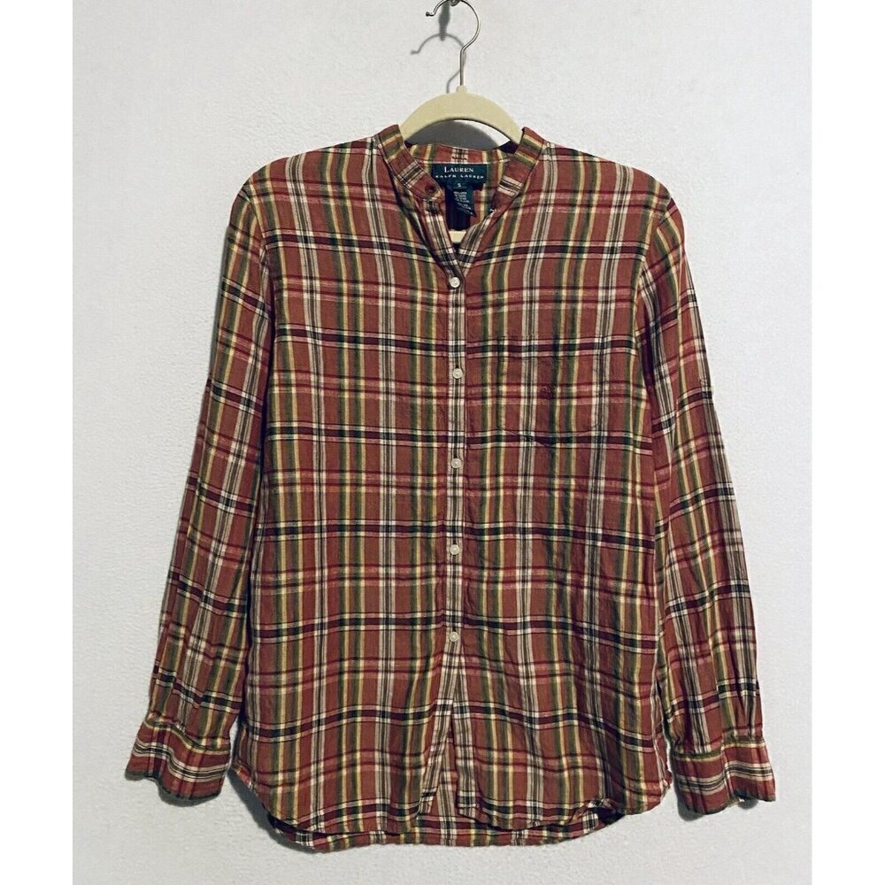 Ralph Lauren Top Womens Small Red Plaid Linen Button Up Roll Tab Long Sleeve